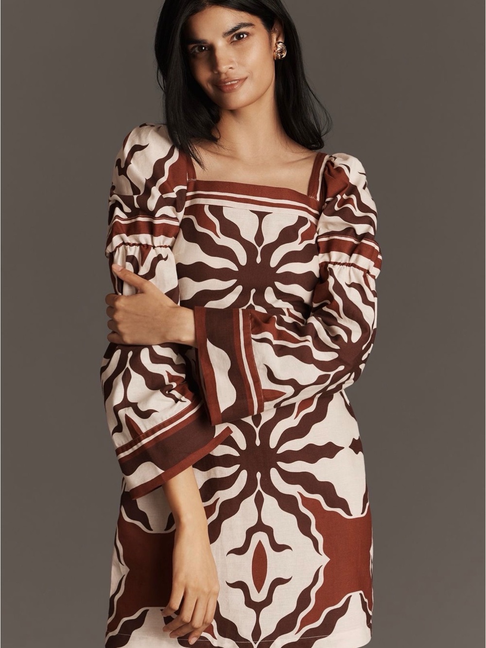 Anthropologie Brown and Cream Long-Sleeve Square Neck Mini Dress